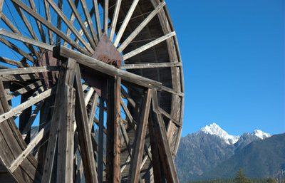 Historic 1934 Perry Creek gold mining water wheel on display at Fort Steele Heritage Town, East Kootenays, British Columbia, part of the area Beargrass Landscape Architecture services its clients