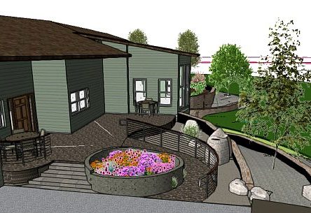 Conceptual 3D rendering of a curved ramp and upper patio with planting design, Beargrass Landscape Architecture