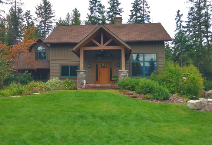 Front view of a Flathead Lake property design by Beargrass Landscape Archie