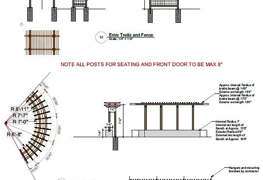 Construction detail drawings for trellis and fence elements, including entry trellis, seating trellis, and garage trellis, Beargrass Landscape Architecture